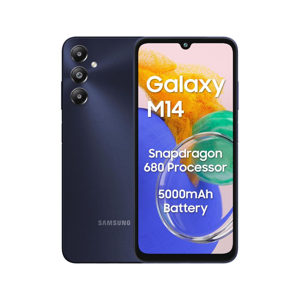 Samsung Galaxy M14 4G Sapphire Blue4GB64GB 50MP Triple Cam 5000mAh Battery Snapdragon 680 Processor 2 Gen OS Upgrade 4 Year Security Update 8GB RAM with RAM Plus Without Charger