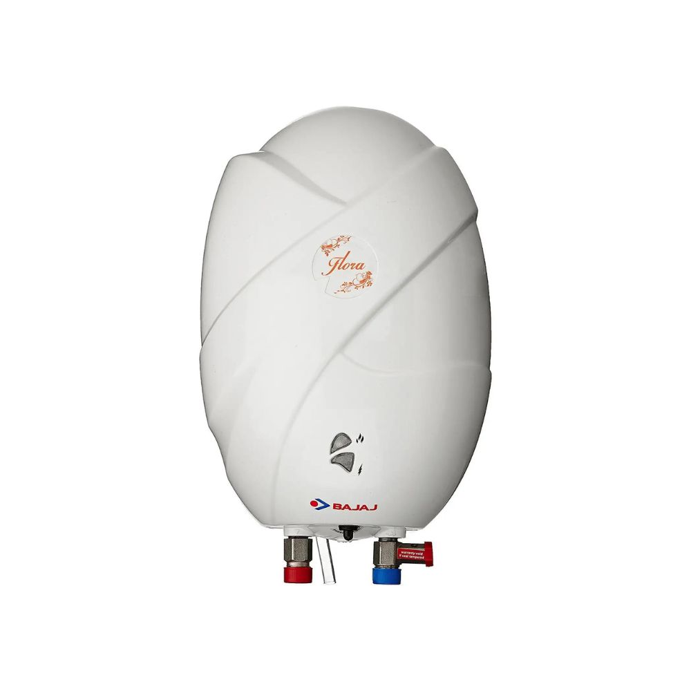 Bajaj Flora 3L 3kW ABS Plastic Instant Water Heater with 24-inch Stainless Steel Connection Pipes White
