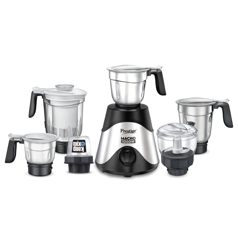 Prestige Macho 1000W Mixer Grinder with Accessories- Stainless Steel Jar-3U Multi Utility Jar-1U MIX-O-KEEP Jar-1U and Juicer Jar-1U Black Silver