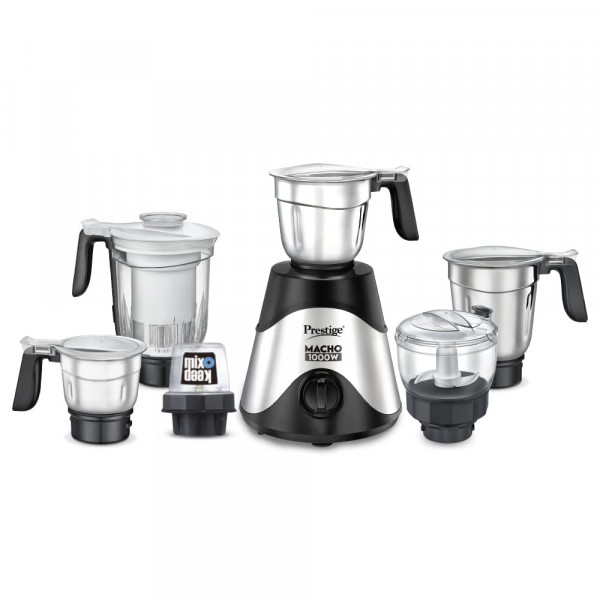 Image of Prestige Macho 1000W Mixer Grinder with Accessories- Stainless Steel Jar-3U, Multi Utility Jar-1U, MIX-O-KEEP Jar-1U and Juicer Jar-1U, Black &amp; Silver