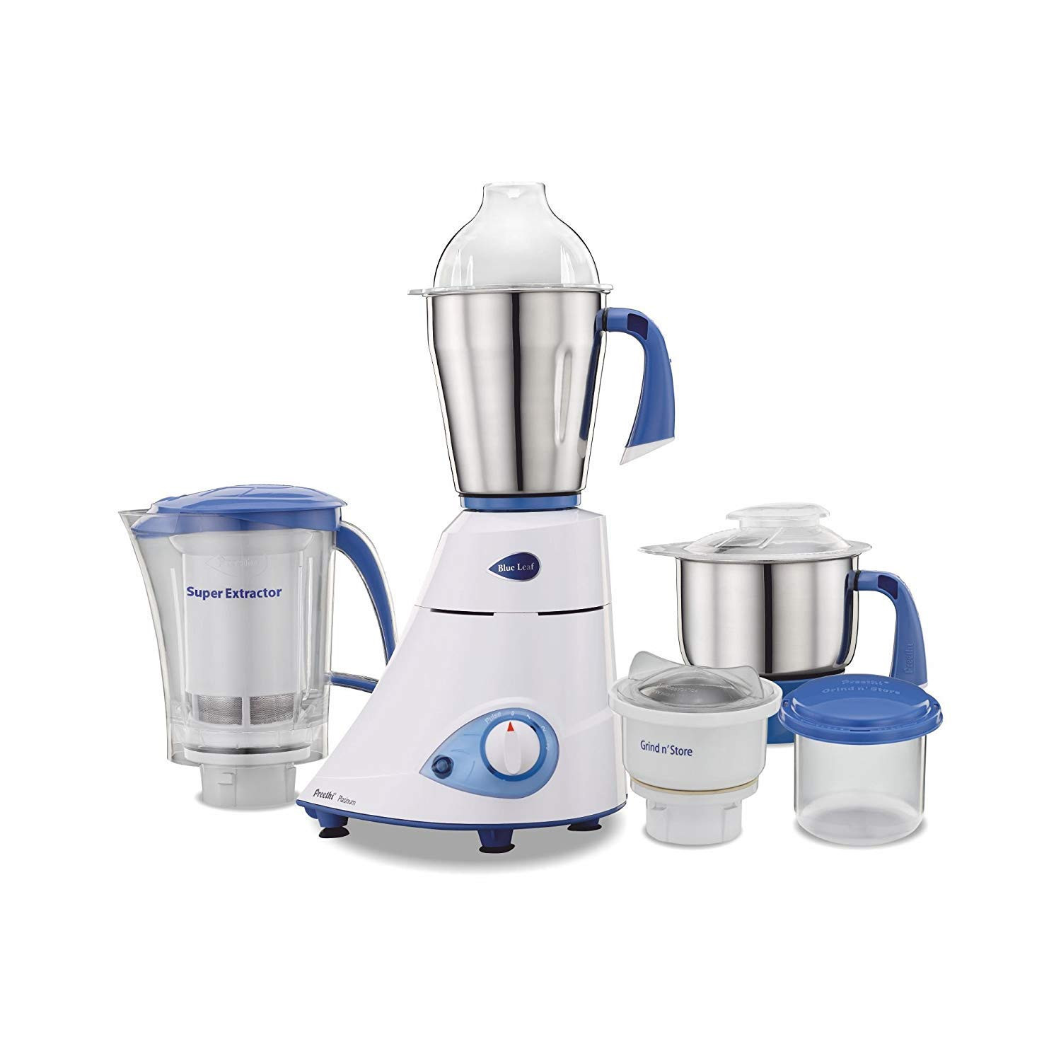 Preethi Blue Leaf Platinum MG 139 mixer grinder 750 watt White 4 jars - Super Extractor juicer Jar Storage Air-Tight Container FBT motor with 5yr Warranty Lifelong Free Service Standard