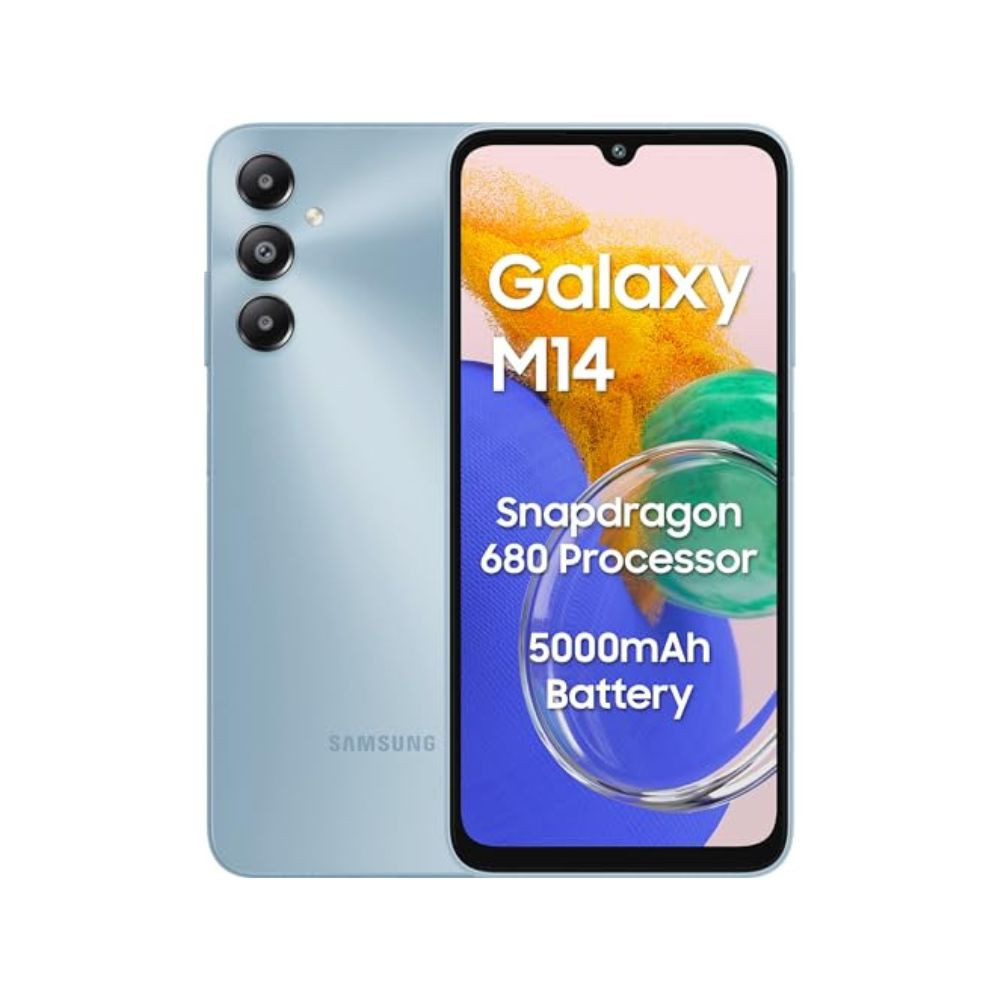 Samsung Galaxy M14 4G Arctic Blue4GB64GB 50MP Triple Cam 5000mAh Battery Snapdragon 680 Processor 2 Gen OS Upgrade 4 Year Security Update 8GB RAM with RAM Plus Without Charger
