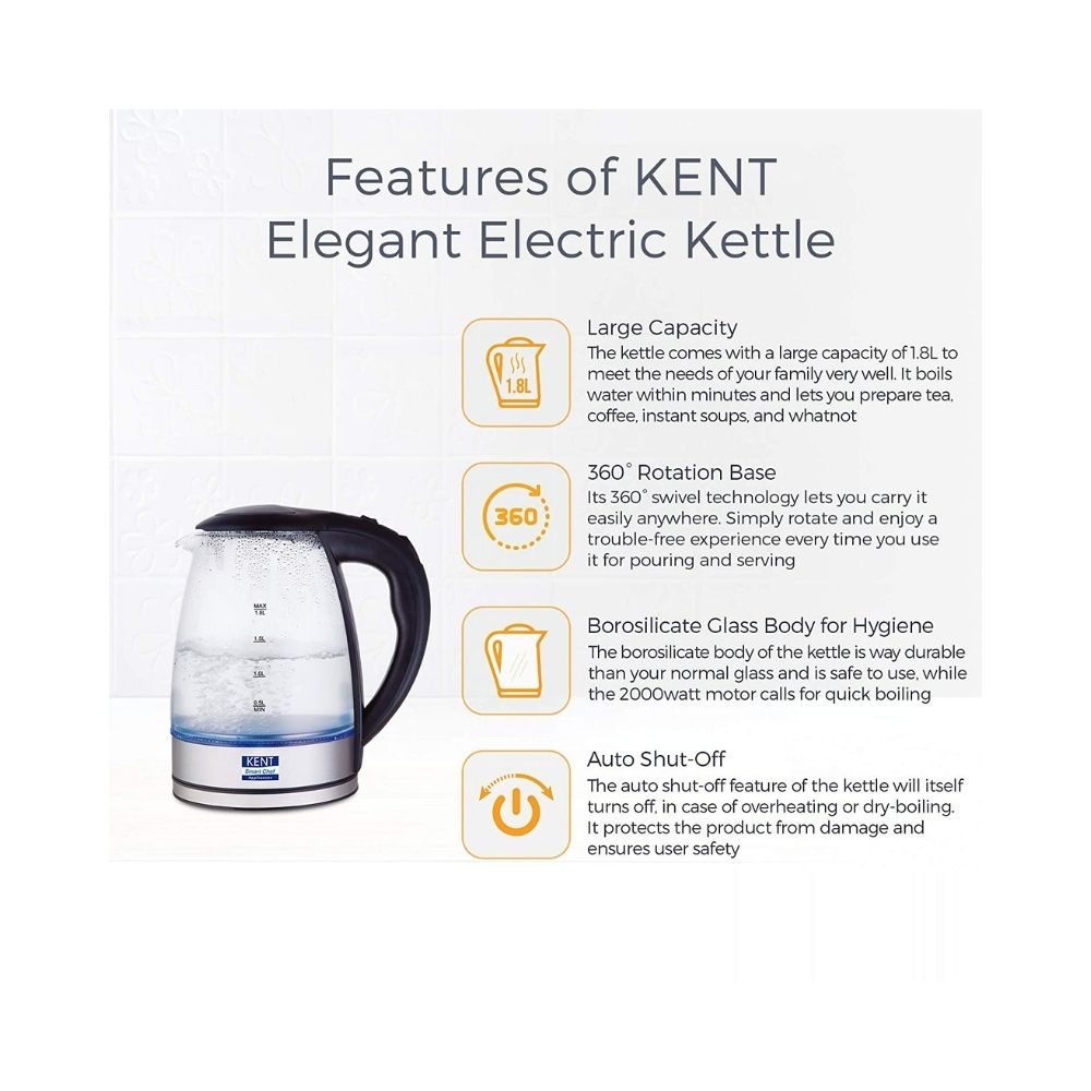 Kent Elegant Electric Glass Kettle 16052 18L Stainless Steel