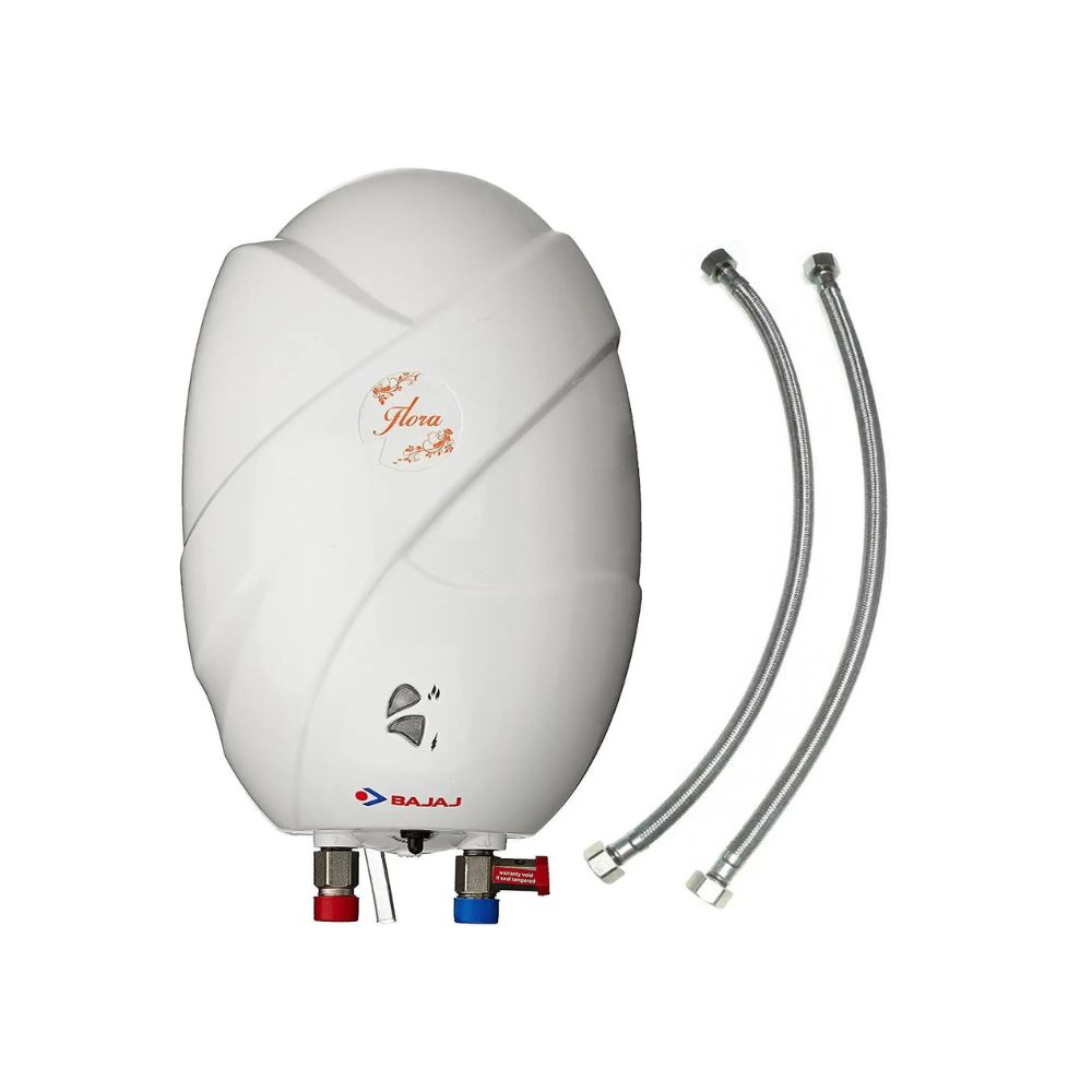 Bajaj Flora 3L 3kW ABS Plastic Instant Water Heater with 24-inch Stainless Steel Connection Pipes White