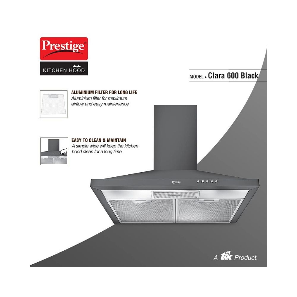 Prestige Clara 600 Glass Kitchen Hood with Powder Coated Body and Aluminium Filter 800m3HR Black