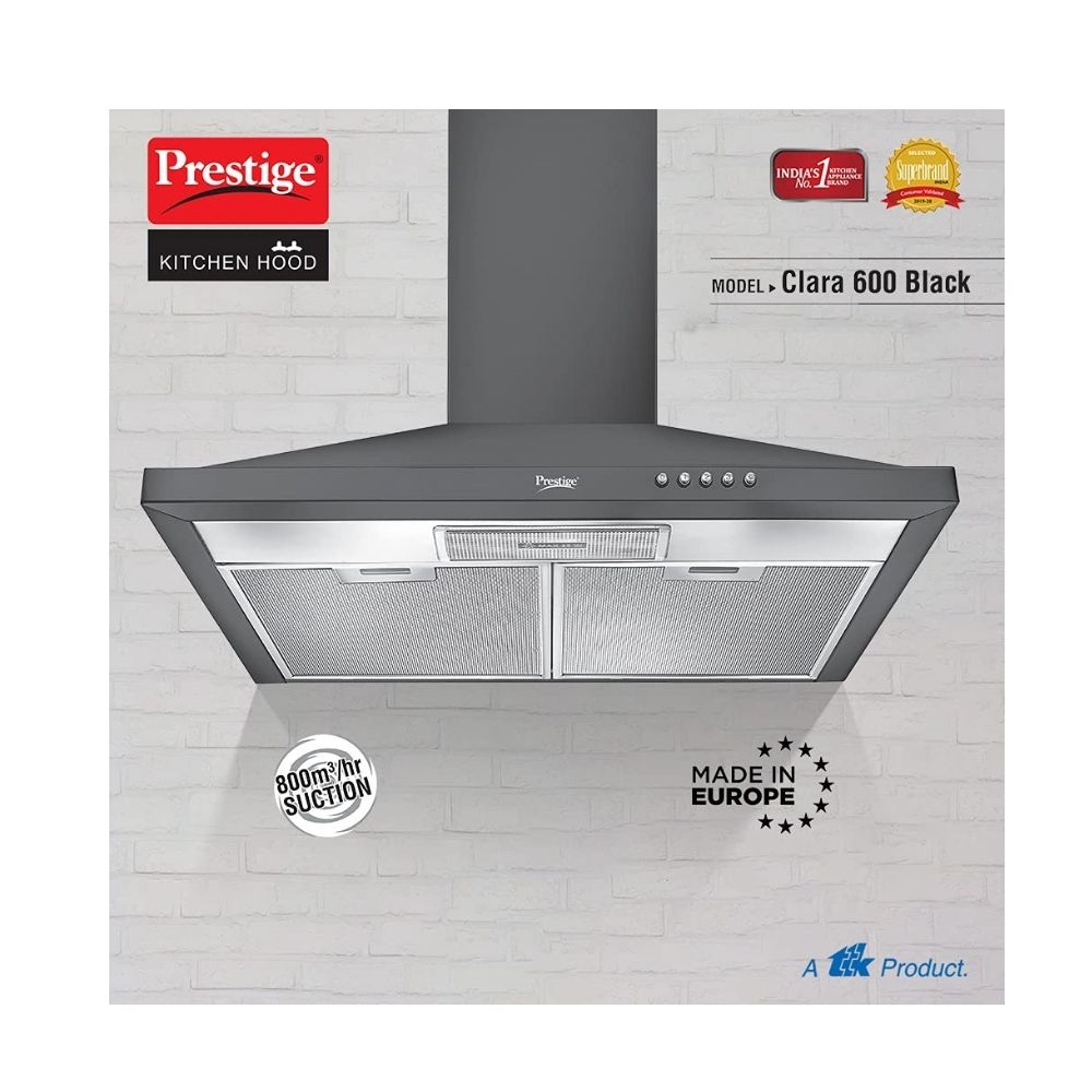 Prestige Clara 600 Glass Kitchen Hood with Powder Coated Body and Aluminium Filter 800m3HR Black