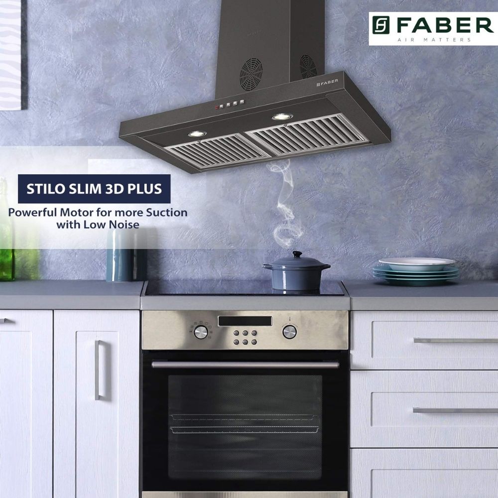 Faber 60cm 3 Way Silent Suction Chimney 1150 m3hr Stilo Slim 3D Plus 2 T2S2 T2S2 BK LTW 60Triple Layer Baffle Filters Black