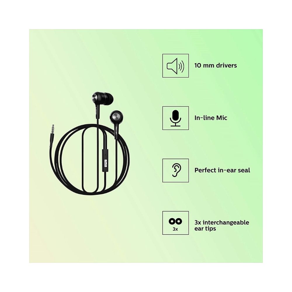 Philips Audio SHE1515BK94 Upbeat Wired in Ear Earphone with Mic Black