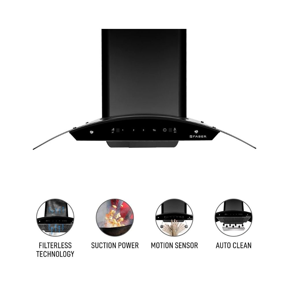 Faber 90 cm 1200 mhr Auto-Clean curved glass Kitchen Chimney HOOD SUNNY HC SC BK 90 Filterless technology Touch Control