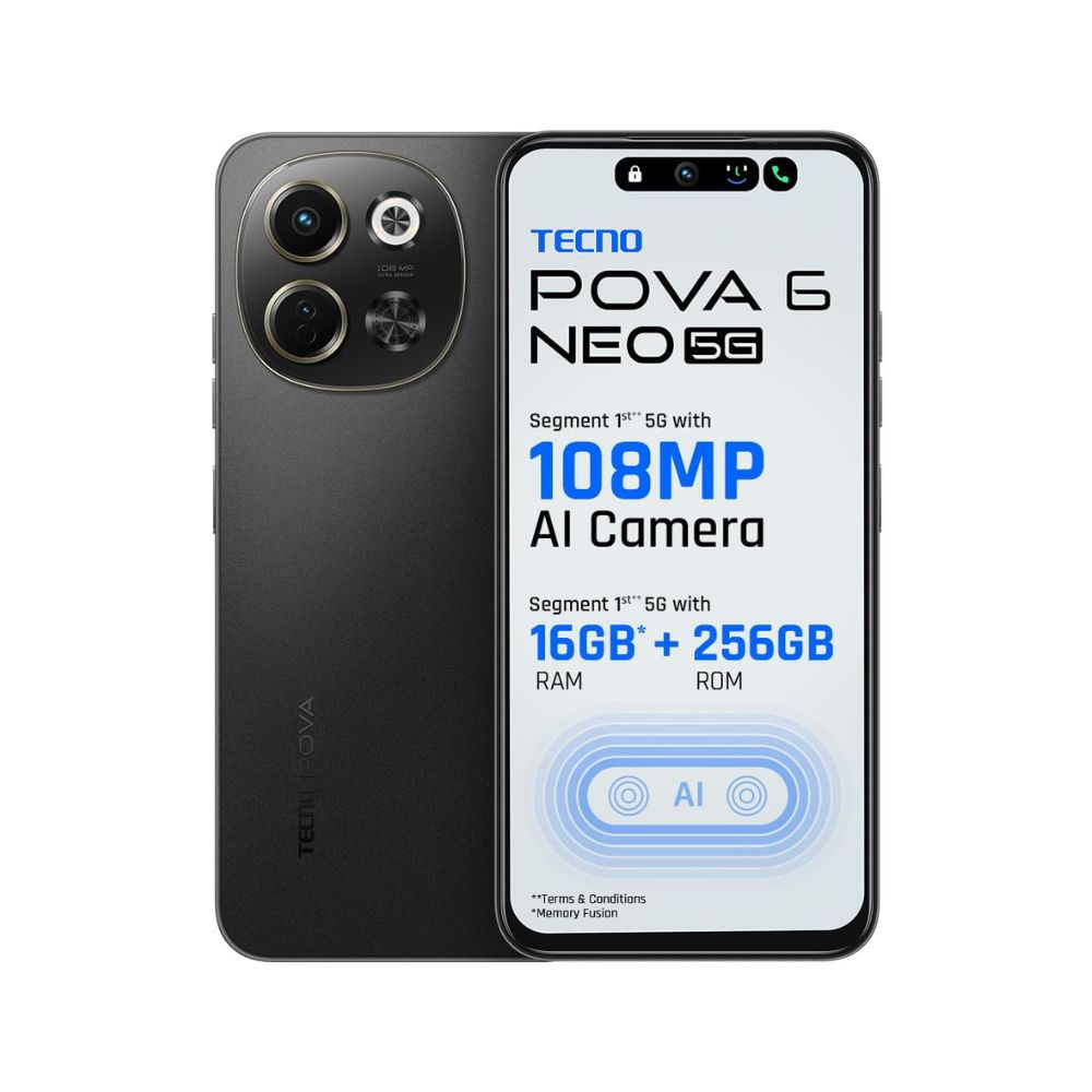 TECNO POVA 6 NEO 5G Midnight Shadow 8GB256GB Advanced AI Features 108MP Ultra Clear AI Camera D6300 Powerful Processor 5 Year Lag Free Fluency 5000 mAh Battery InBuilt Infrared and NFC
