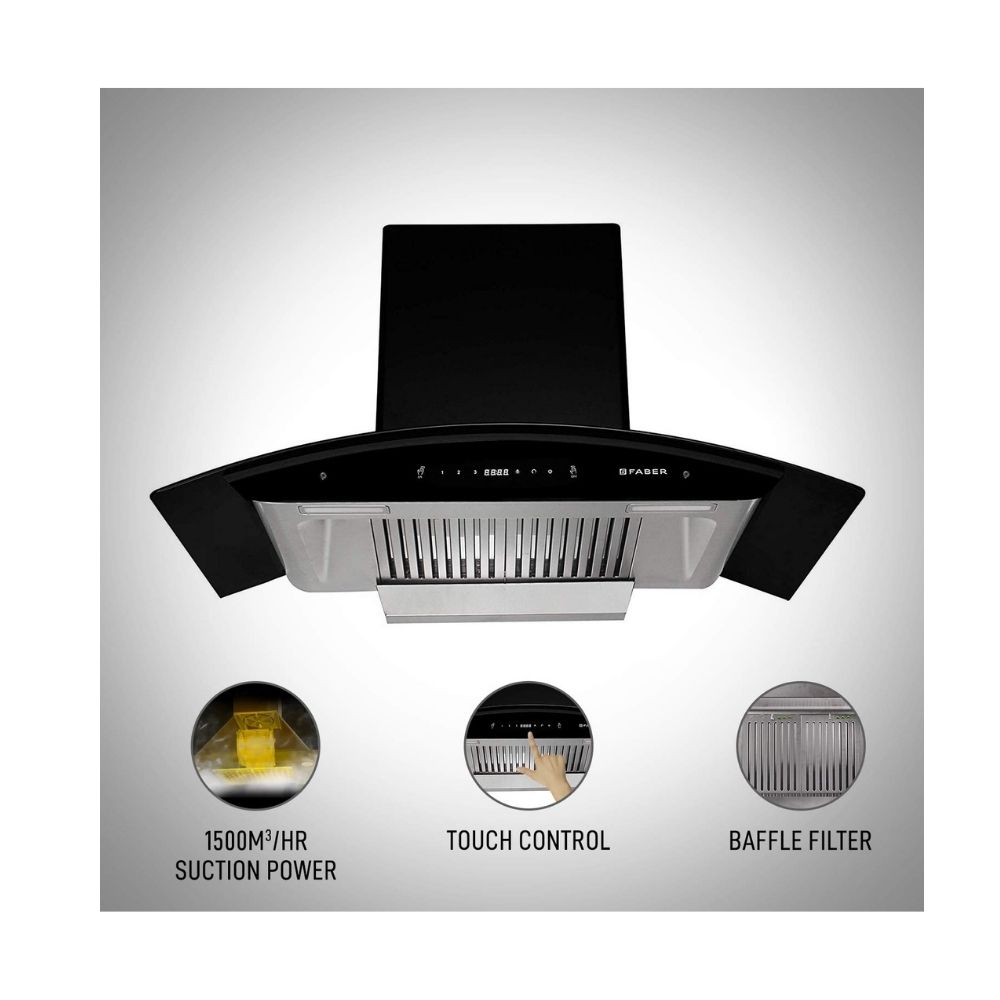Faber 90 cm 1500 mhr Auto-Clean curved glass Kitchen Chimney HOOD PRIMUS PLUS ENERGY TC SC HC BK-N 90 2 Baffle Filters Touch Control Black
