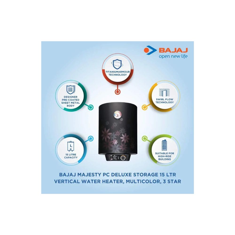 Bajaj Majesty PC Deluxe Storage 15 Litre Vertical 4 Star Water Heater Multicolor