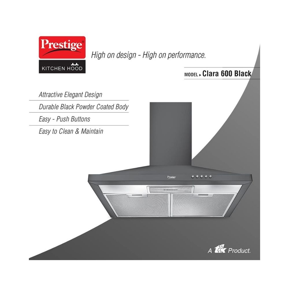 Prestige Clara 600 Glass Kitchen Hood with Powder Coated Body and Aluminium Filter 800m3HR Black