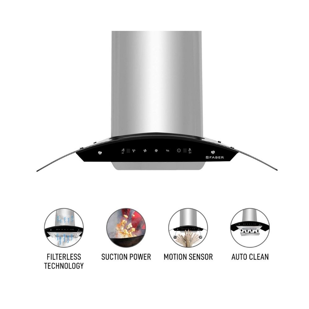 Faber 90 cm 1200 mhr Auto-Clean curved glass Kitchen Chimney HOOD ORIENT XPRESS HC SC SS 90 Filterless technology Touch Control