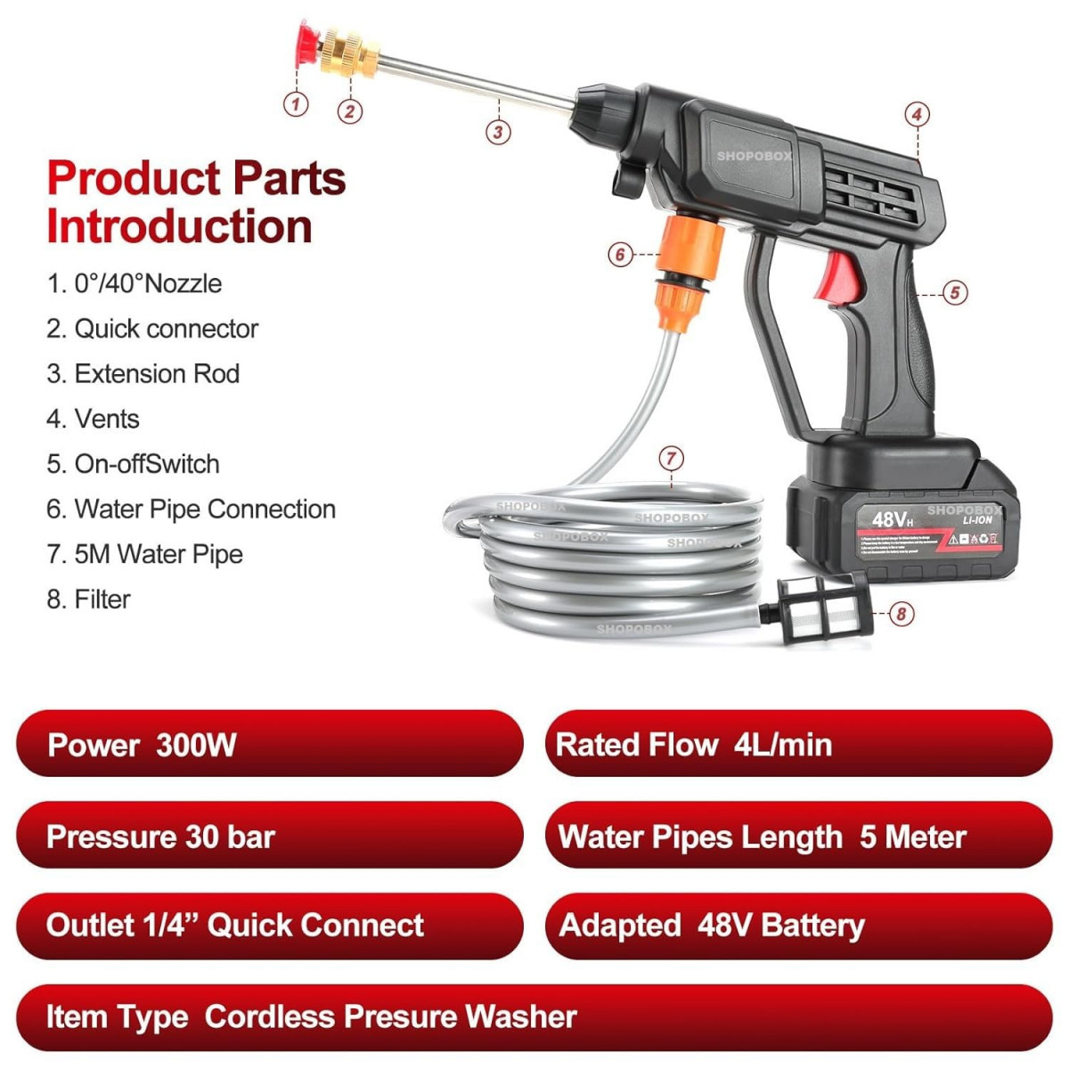 48V Portable Pressure Washer with Rechargeable Battery12000mah Cordless Pressure Washer Gun Cordless Power Washer Gun Handheld Pressure Washer for Car Floor Cleaning Car Washer Gun Single Battery