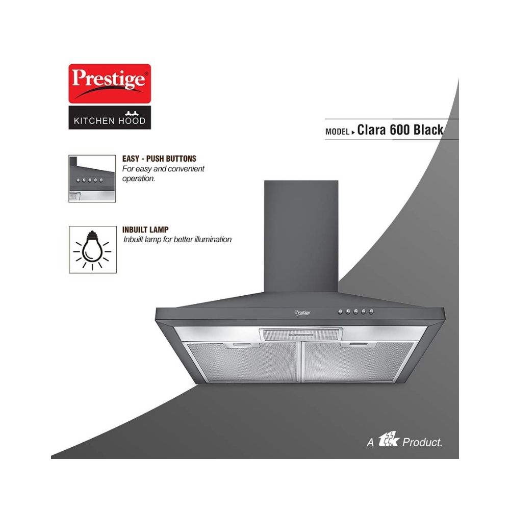 Prestige Clara 600 Glass Kitchen Hood with Powder Coated Body and Aluminium Filter 800m3HR Black