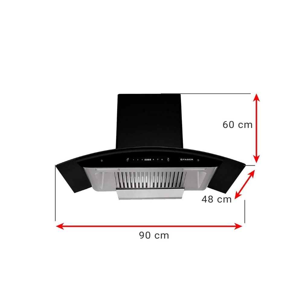 Faber 90 cm 1500 mhr Auto-Clean curved glass Kitchen Chimney HOOD PRIMUS PLUS ENERGY TC SC HC BK-N 90 2 Baffle Filters Touch Control Black