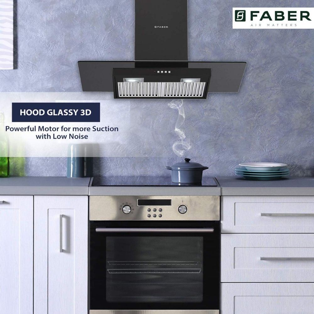 Faber 90 cm 1095 mhr straight glass Kitchen Chimney HOOD GLASSY 3D T2S2 BK LTW 90 Baffle Filter Black