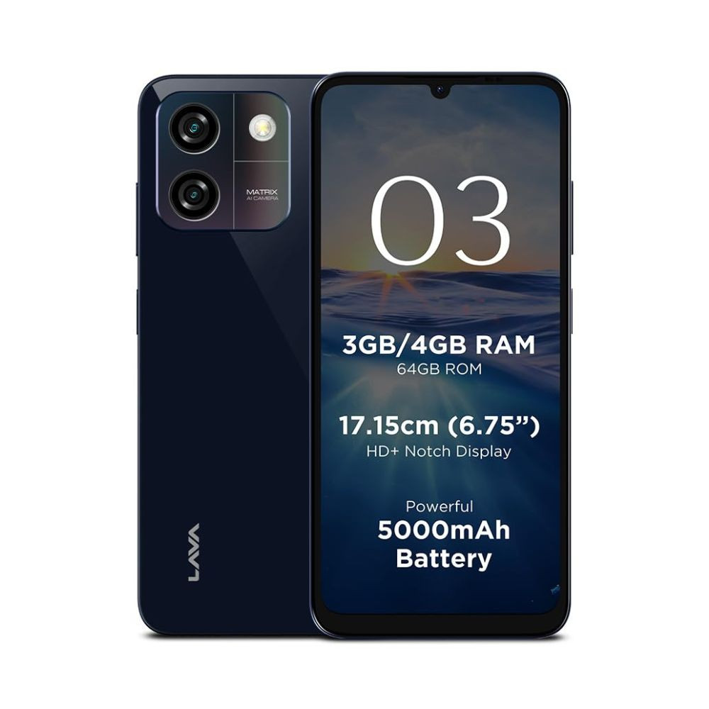 Lava O3 Glossy Blue 3 GB RAM 64 GB Storage Biggest 675 HD Display 13MP AI Dual Rear Camera 5000 mAh Battery Secure Face Unlock Fingerprint Reader Charger Phone-Cover in Box