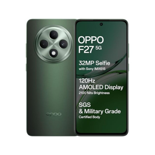 Image of OPPO F27 5G (Emerald Green, 8GB RAM, 128GB Storage) | 6.67" FHD+ AMOLED Display|32MP Sony IMX615 Selfie Camera |AI Portrait Expert| 45W SUPERVOOC| with No Cost EMI/Additional Exchange Offers