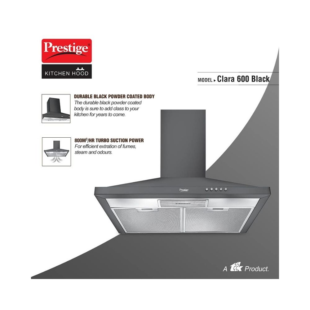 Prestige Clara 600 Glass Kitchen Hood with Powder Coated Body and Aluminium Filter 800m3HR Black