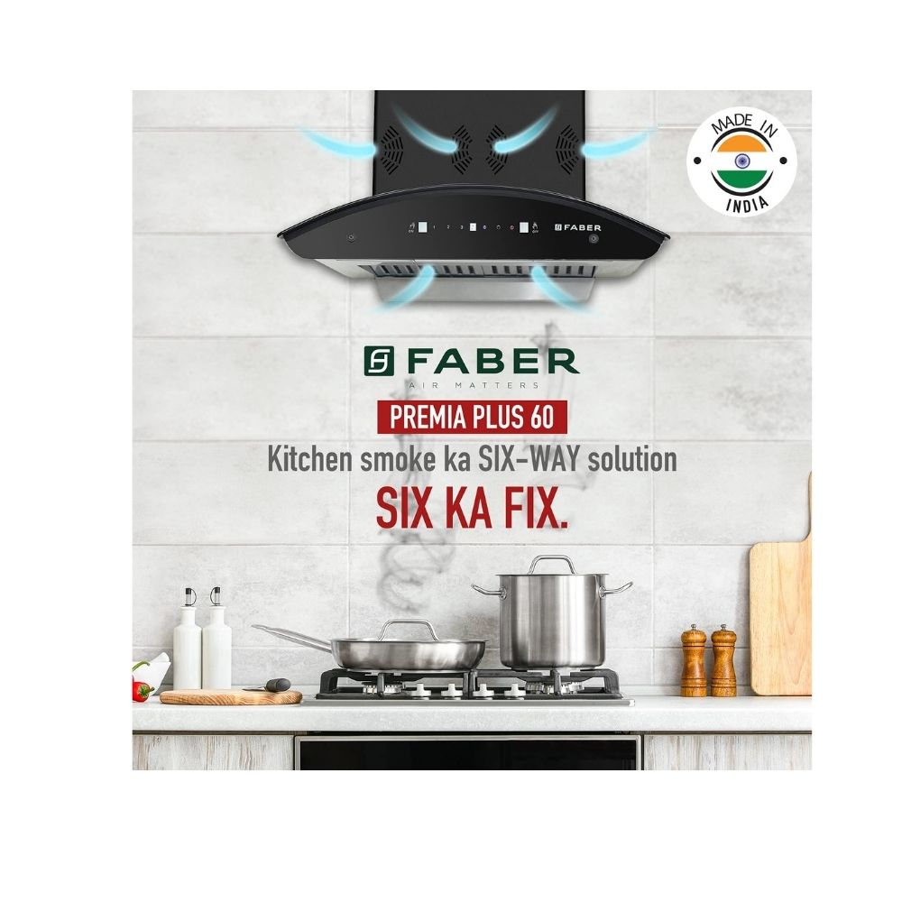 Faber 60 cm 3 Way Silent Suction AutoClean Chimney 1298 m3hr HOOD PREMIA 3D PLUS IND HC SC BK 60 Baffle Filters
