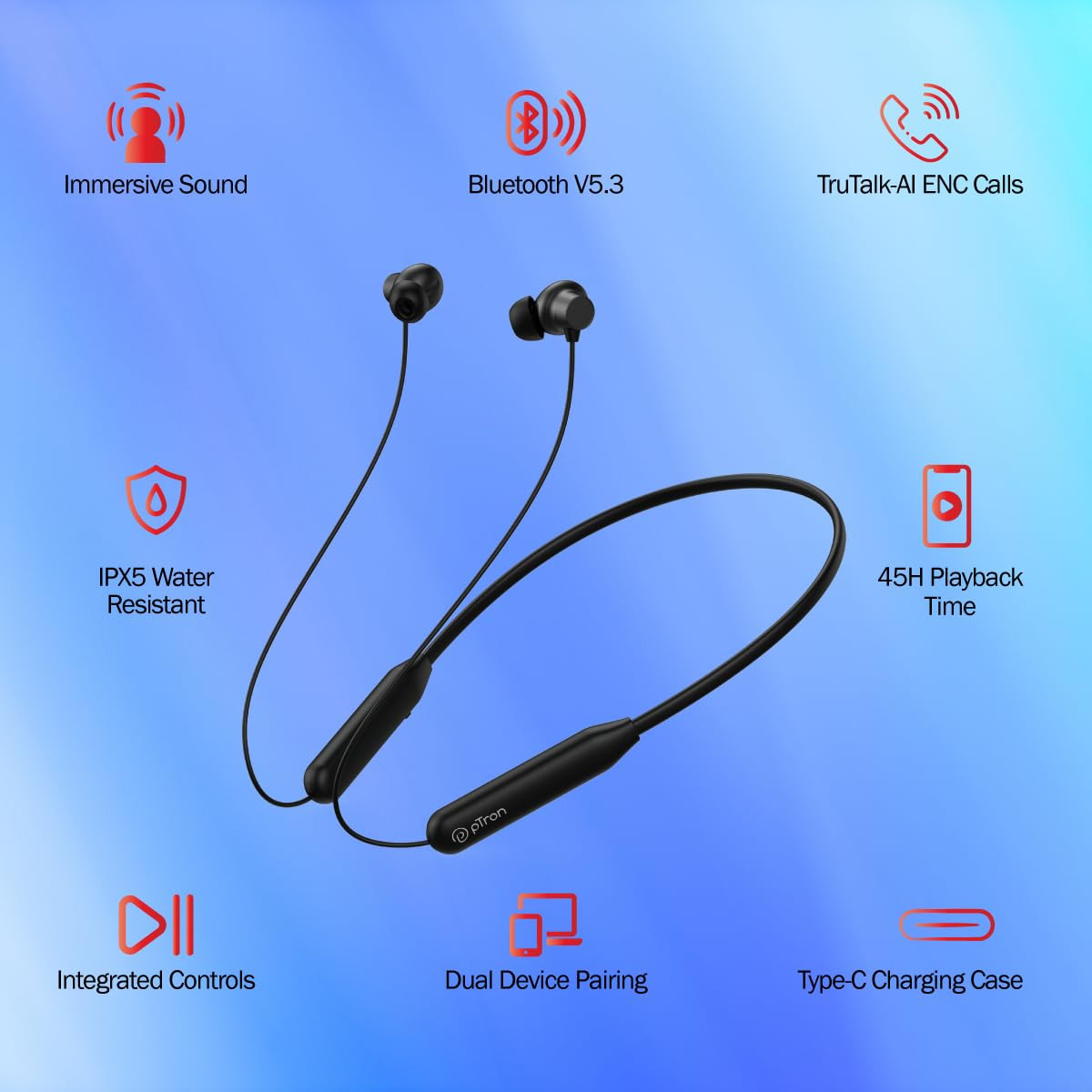 pTron Newly Launched Tangent Eon in-Ear Bluetooth 53 Wireless Headphones 45H Playtime HD Mic TruTalk AI-ENC Calls MovieMusic Modes Dual Device Pairing Type-C Fast Charging IPX5 Black