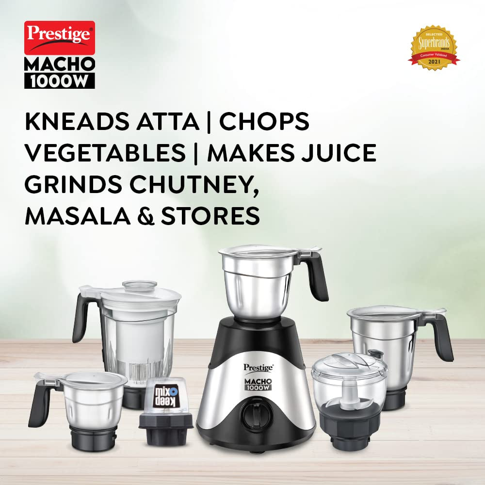 Prestige Macho 1000W Mixer Grinder with Accessories- Stainless Steel Jar-3U Multi Utility Jar-1U MIX-O-KEEP Jar-1U and Juicer Jar-1U Black Silver