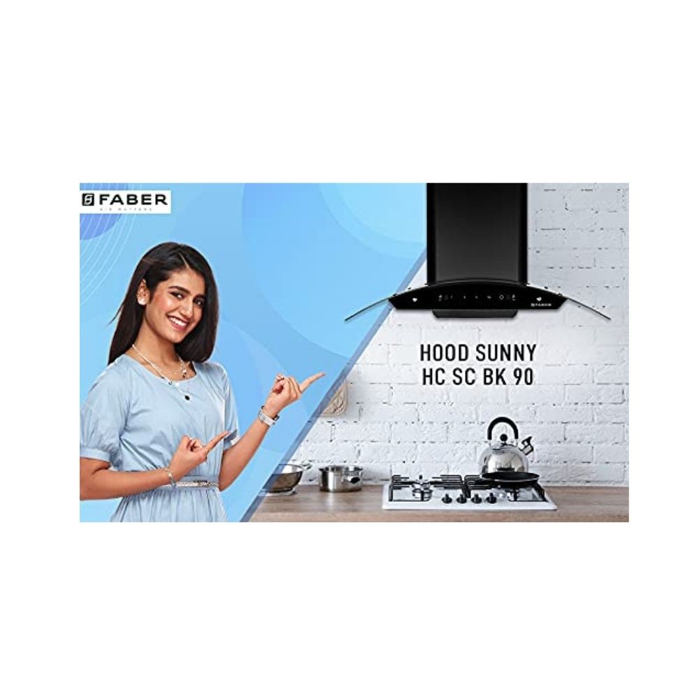 Faber 90 cm 1200 mhr Auto-Clean curved glass Kitchen Chimney HOOD SUNNY HC SC BK 90 Filterless technology Touch Control