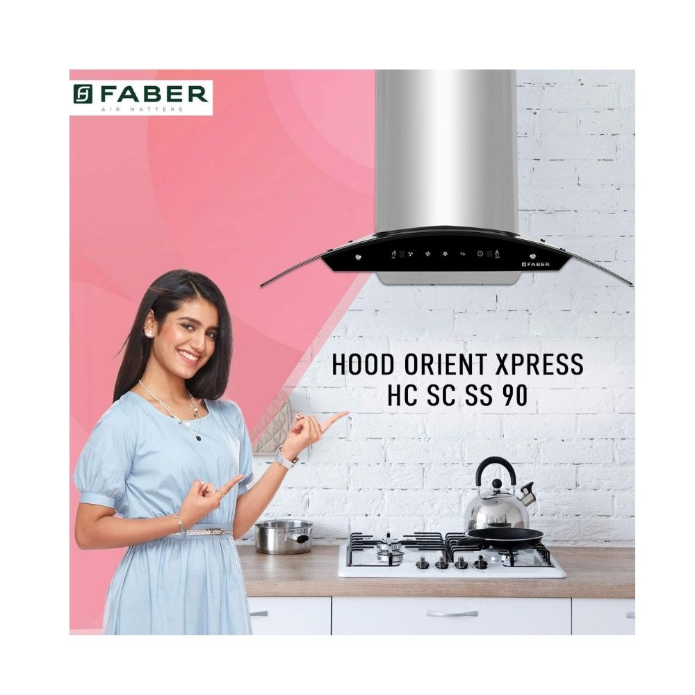 Faber 90 cm 1200 mhr Auto-Clean curved glass Kitchen Chimney HOOD ORIENT XPRESS HC SC SS 90 Filterless technology Touch Control
