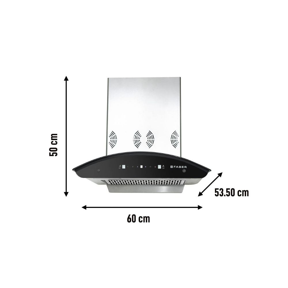 Faber 60 cm 6 way Silent Suction 1250 mhr Auto-Clean curved glass Kitchen Chimney HOOD EVEREST SMART 3D IND HC SC SS 60 