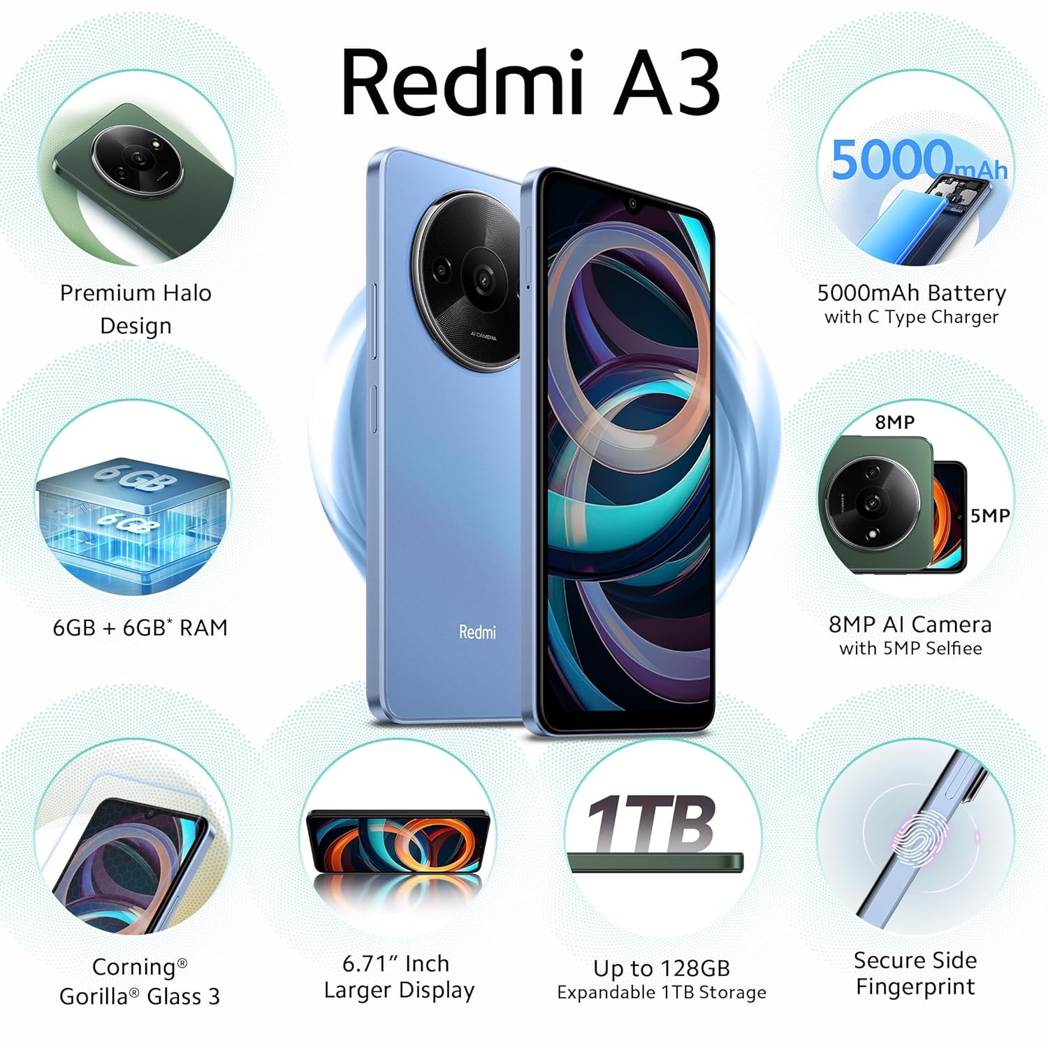 Redmi A3 Lake Blue 6GB RAM 128GB Storage Premium Halo Design 90Hz Display Karmalife