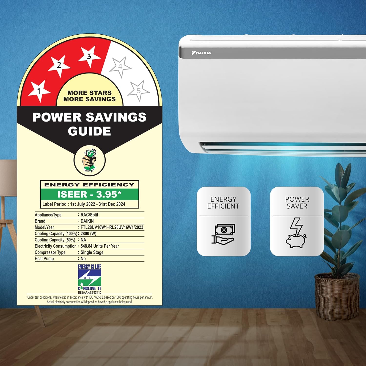 Daikin 08 Ton 3 Star Fixed Speed Split AC Copper PM 25 Filter 2022 Model FTL28U White