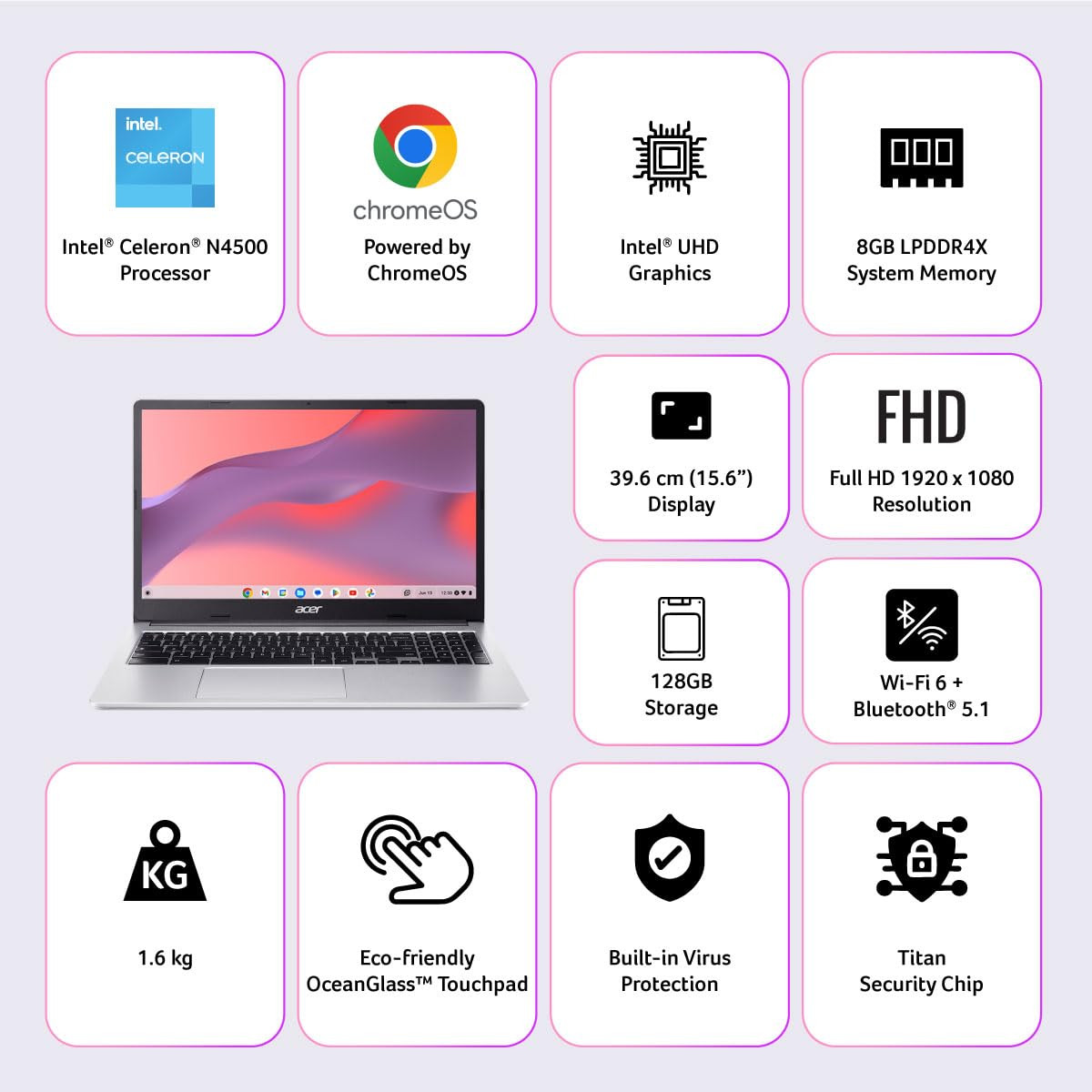 Acer Chromebook CB315-4H Intel Celeron N4500 Chrome OS8 GB RAM128 GBWiFi 6 396 cm 156 Full HD Silver 16 KG 3 Months Google One AI Premium Plan with Gemini Advanced 2TB Cloud Storage