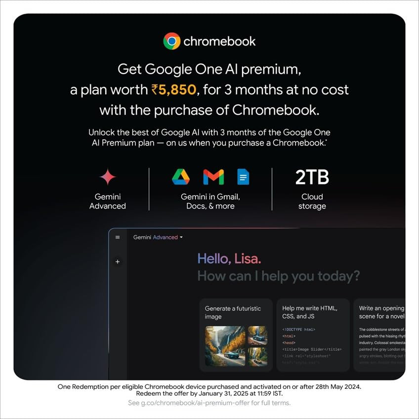 Acer Chromebook CB315-4H Intel Celeron N4500 Chrome OS8 GB RAM128 GBWiFi 6 396 cm 156 Full HD Silver 16 KG 3 Months Google One AI Premium Plan with Gemini Advanced 2TB Cloud Storage