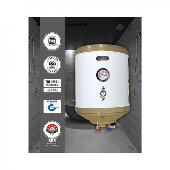 ACTIVA 25 LTR Storage 2 Kva Special Anti Rust Coating 75 MM Pure Stainless Steel Tank Geyser with Temperature Meter Abs Top Bottom Ivory with Free Installation Kit and adjustable outer thermostat 5 years warranty