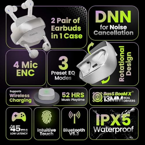 ACwO DwOTS Fire Indias First in-Ear Half-in-in Ear Earbuds in one case 33 EQ Modes Wireless Charging Enabled AI-ENC with Quad Mic Cosmic Silver