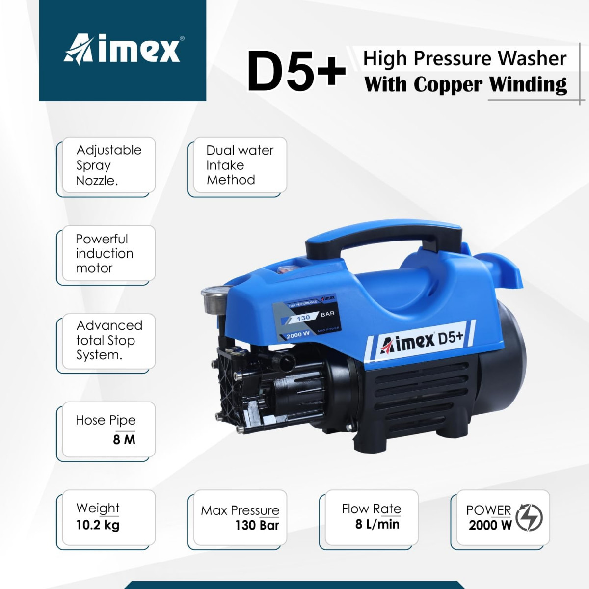 Aimex D5 High Pressure Car Washer Machine for Cleaning Car Bike Home with 2000 Watts and Pressure 130 Bar with Copper Winding D5