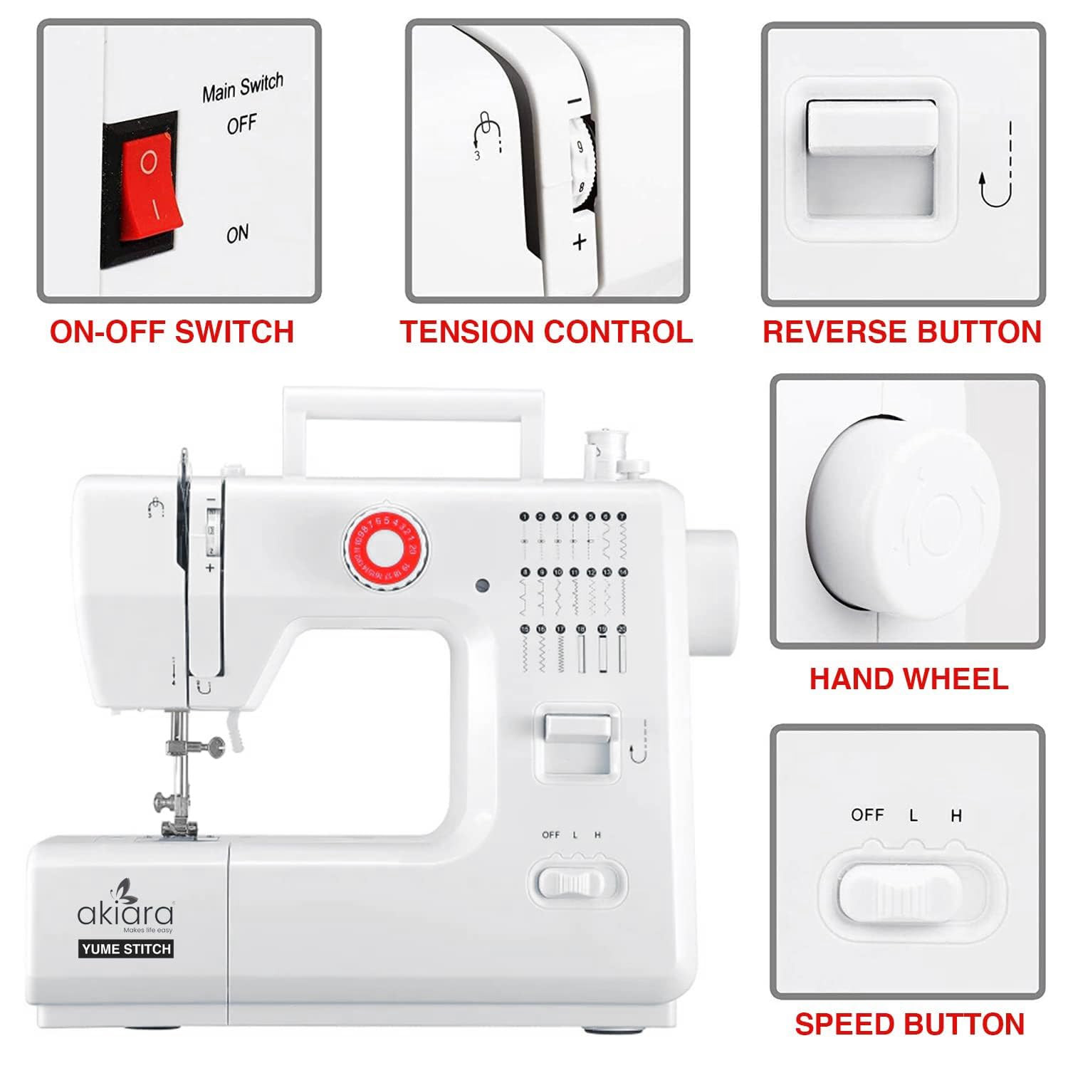 Akiara - Makes Life Easy Stiching Machine with 20 Stitch Patterns Reverse Stitch Sewing Machine for Home Tailoring with Zig Zag Pico and Metal Frame - Perfect for Women Fashion