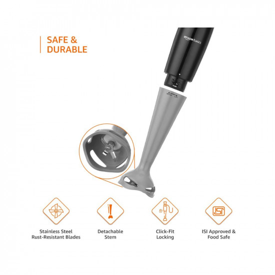 Amazon Basics 300 W Hand Blender with Detachable Stem and In-Built Cord Hook ISI-Marked Black