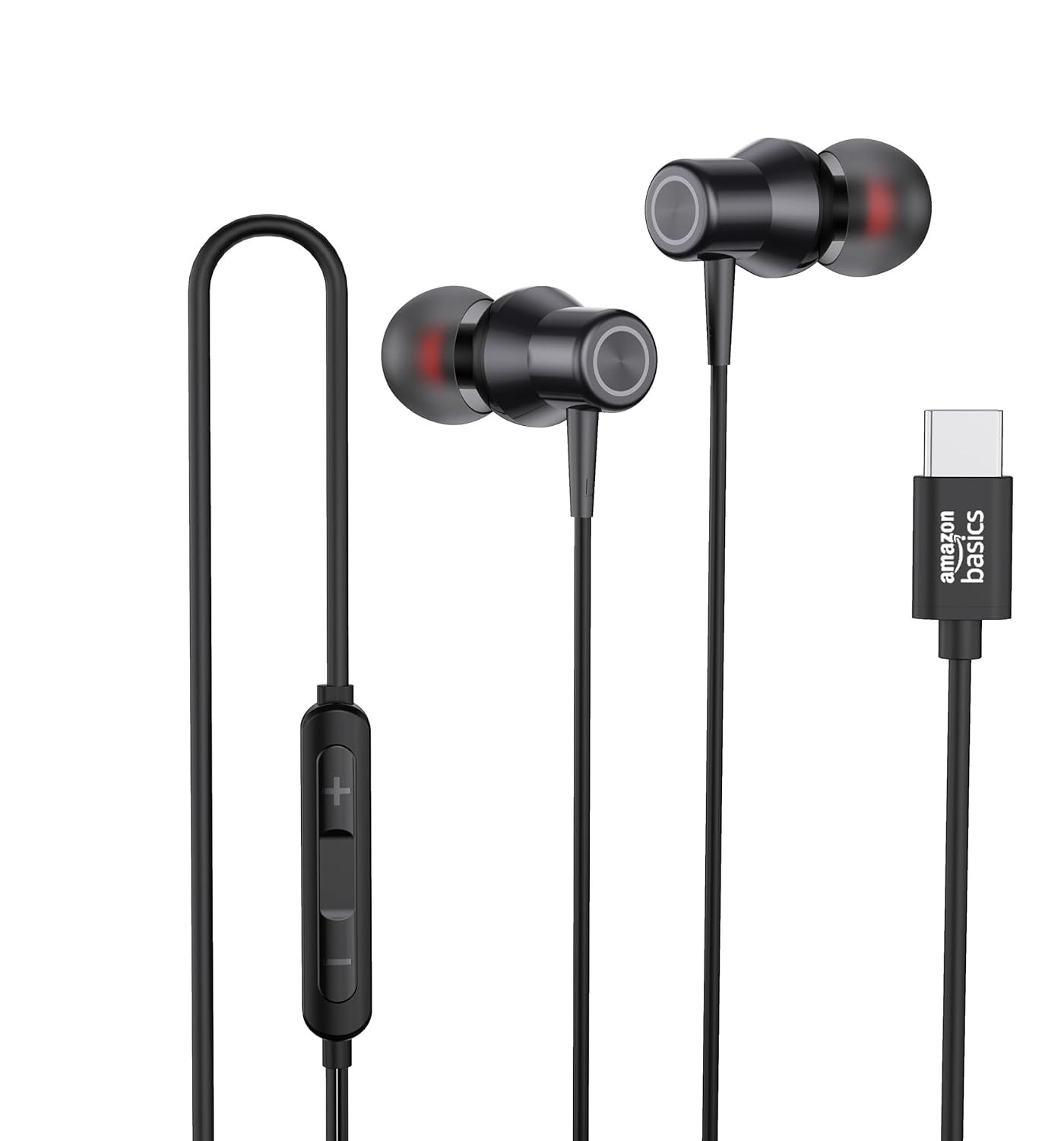 amazon basics EP2 in Ear Type C Wired Earphones with Mic Tangle Free 118 Metre Cable Metallic Design 10mm Drivers in Line Mic Volume Controller Black
