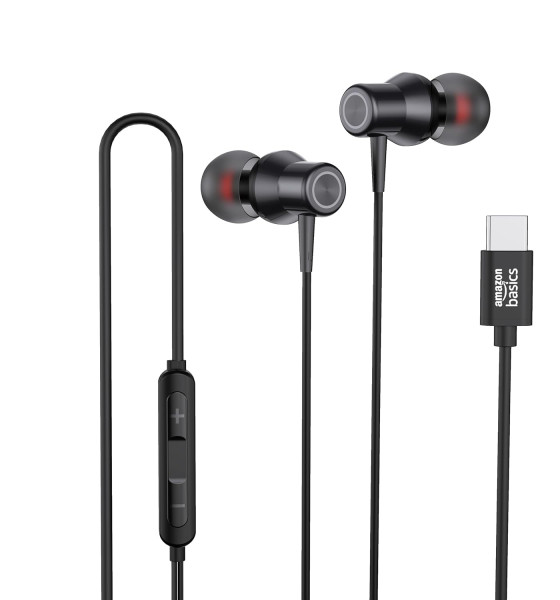 Image of amazon basics EP2 in Ear Type C Wired Earphones with Mic, Tangle Free 1.18 Metre Cable, Metallic Design, 10mm Drivers, in Line Mic &amp; Volume Controller (Black)