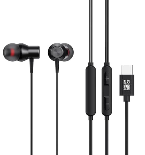 amazon basics EP2 in Ear Type C Wired Earphones with Mic Tangle Free 118 Metre Cable Metallic Design 10mm Drivers in Line Mic Volume Controller Black