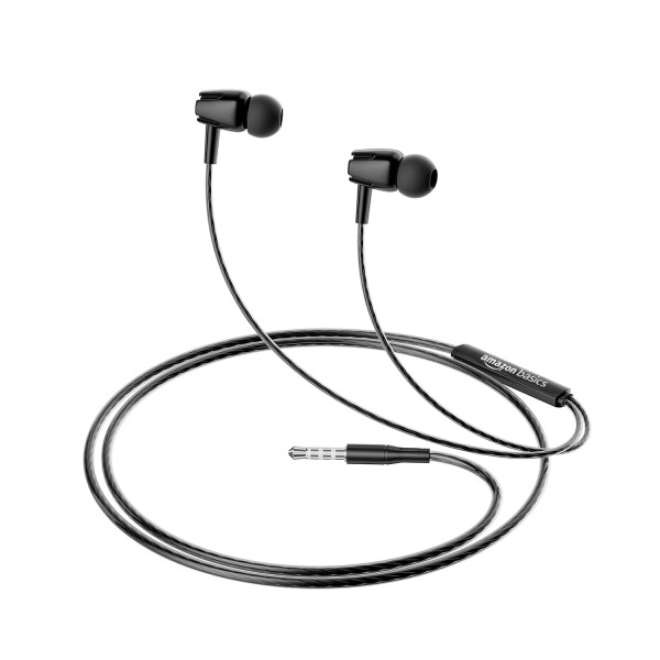 Image of amazon basics in-Ear Wired Earphones with in-Line Mic, 10 mm Dual Drivers, Powerful Bass, Noise Isolation, 3.5 mm Audio Jack (Black, WE03)