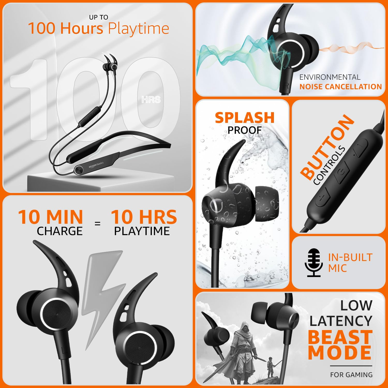 amazon basics in-Ear Wireless Neckband with Mic Upto 100 Hours Playback ENC Noise Cancellation Quick Charge Low Latency Gaming Mode Built-in Mic Voice Assistant BT v54 Black