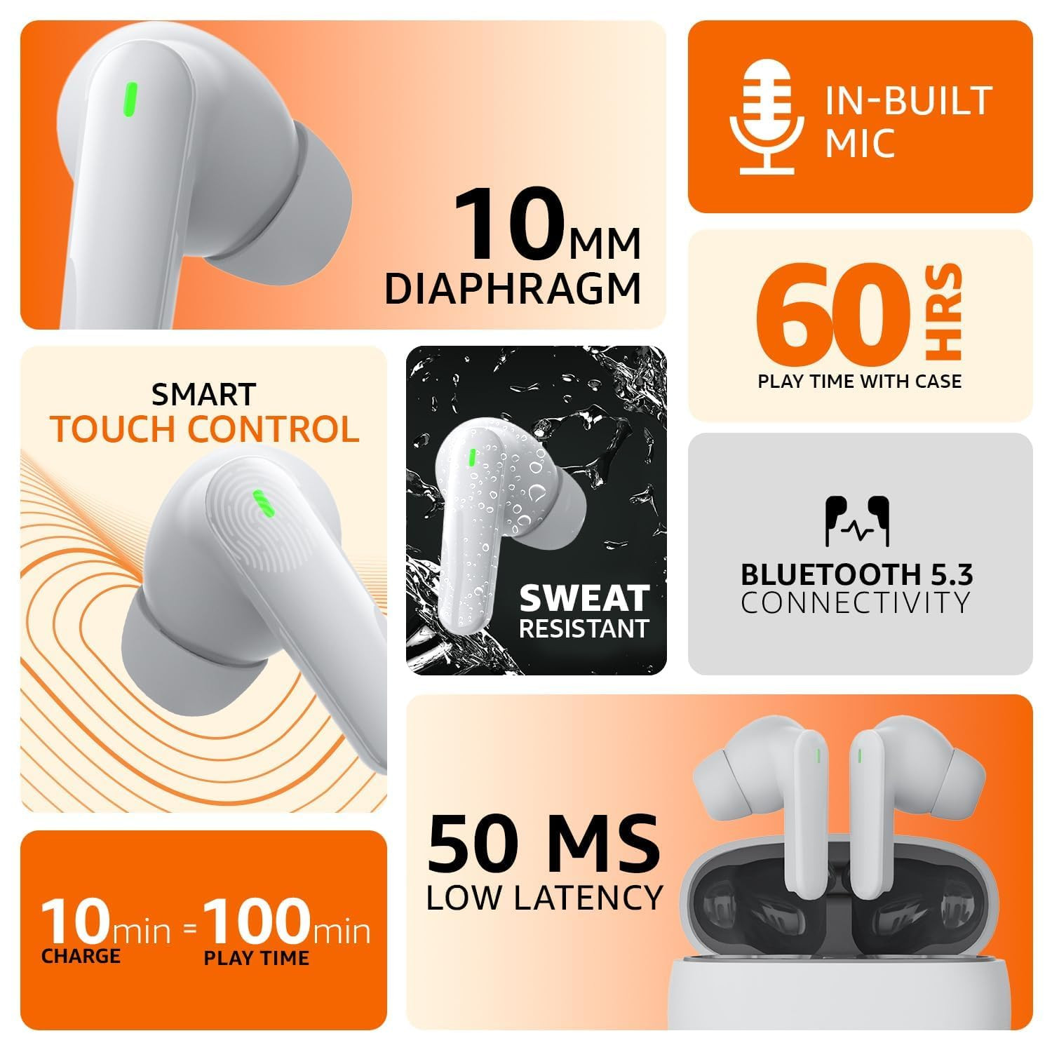 amazon basics True Wireless in-Ear Earbuds with Mic Low-Latency Gaming Mode Touch Control IPX5 Water-Resistance Bluetooth 53 Up to 60 Hours Play Time Voice Assistance and Fast Charging White