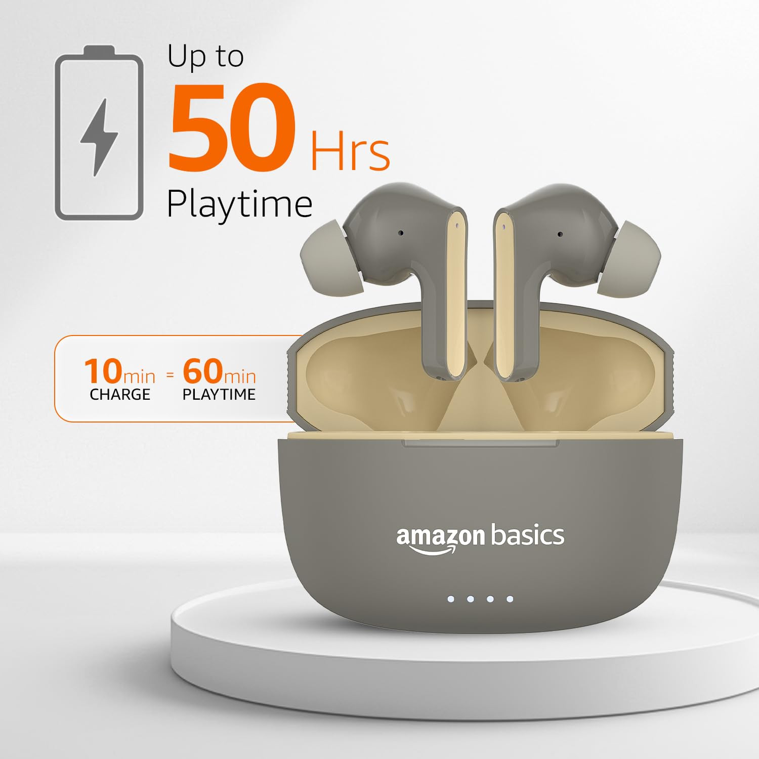 amazon basics TWS in-Ear Earbuds AB-A8 with Fast Charging up to 50 Hours of Playtime Dual 10mm Driver IPX4 Water-Resistance Bluetooth 53 Charging Case with Mic Touch Control Beige