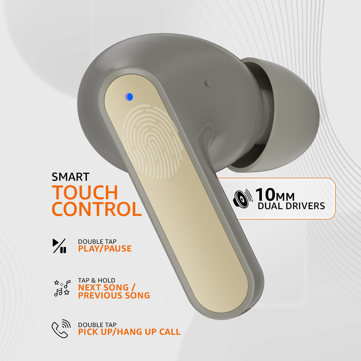 amazon basics TWS in-Ear Earbuds AB-A8 with Fast Charging up to 50 Hours of Playtime Dual 10mm Driver IPX4 Water-Resistance Bluetooth 53 Charging Case with Mic Touch Control Beige