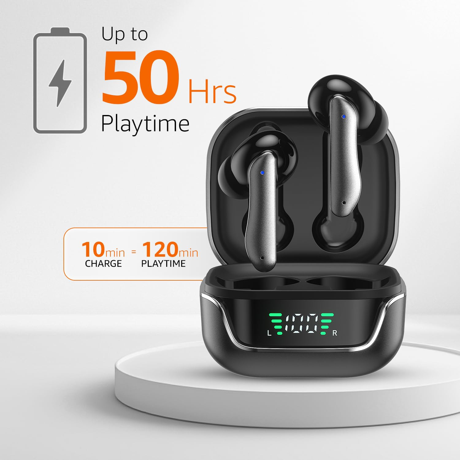 amazon basics TWS in-Ear Earbuds AB-T01A with Fast Charging up to 50 Hours of Playtime Dual 10mm Driver IPX4 Water-Resistance Bluetooth 53 Charging Case with Mic Touch Control Black