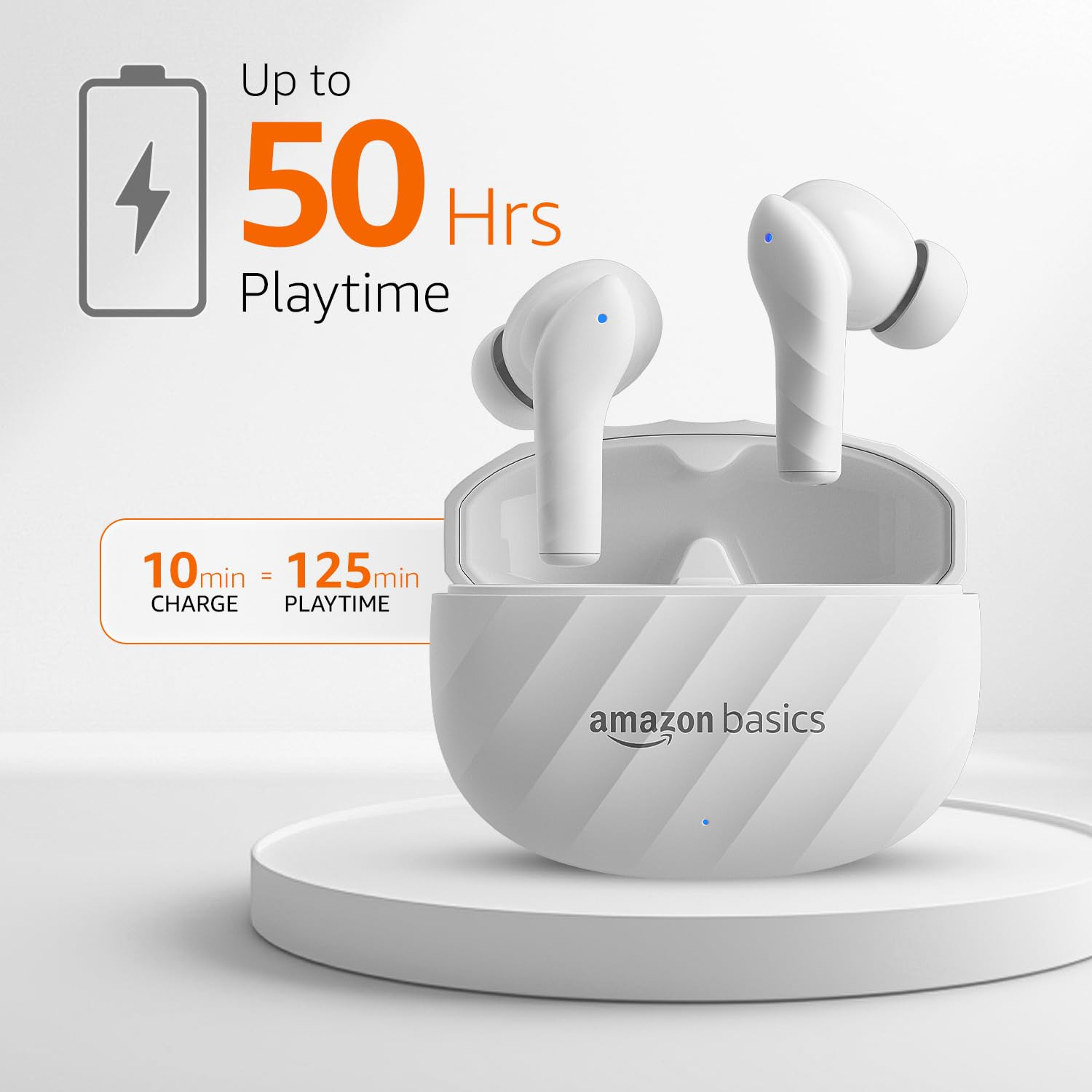 amazon basics TWS in-Ear Earbuds AB-T10 with Fast Charging up to 50 Hours of Playtime Dual 10mm Driver IPX4 Water-Resistance Bluetooth 53 Charging Case with Mic Touch Control White